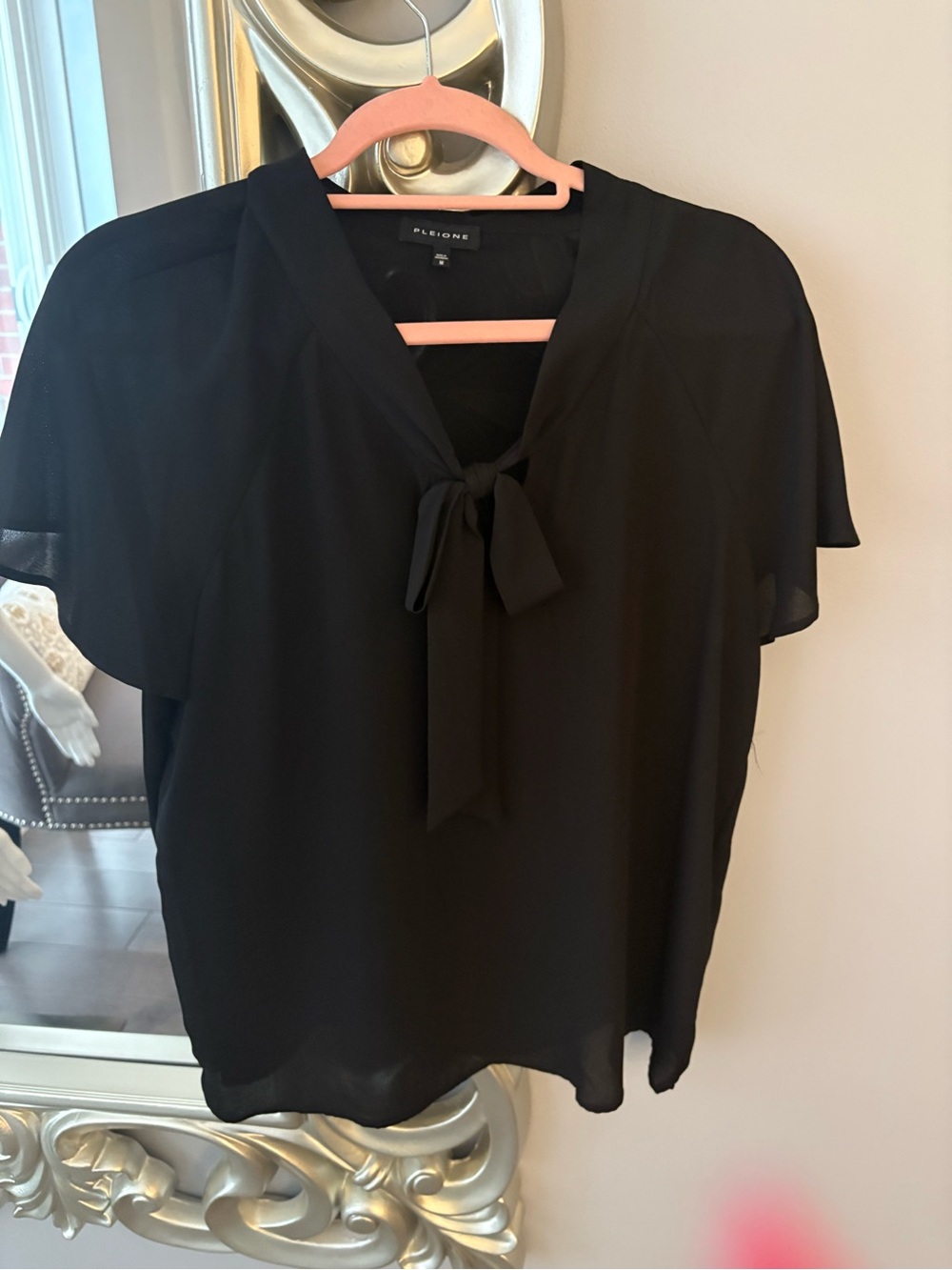 Allegra K Black Tie-Neck Flutter Sleeve Blouse